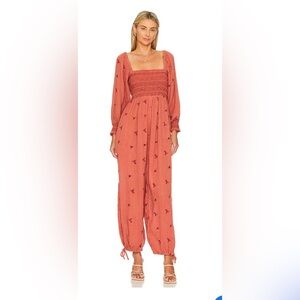 Free People Dahlia Warmstone Jumpsuit with Embroidered Details